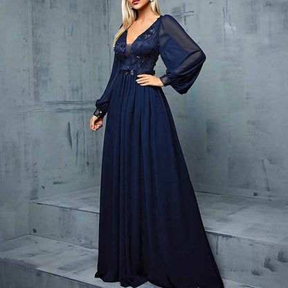 Deep Blue Puff Sleeve Long Dress – V Neck Applique Detail Evening Gown
