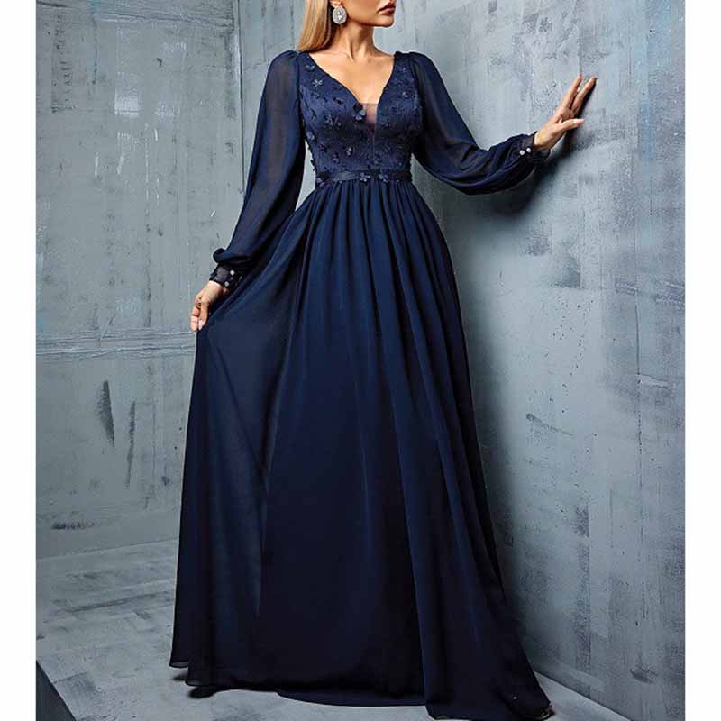Deep Blue Puff Sleeve Long Dress – V Neck Applique Detail Evening Gown