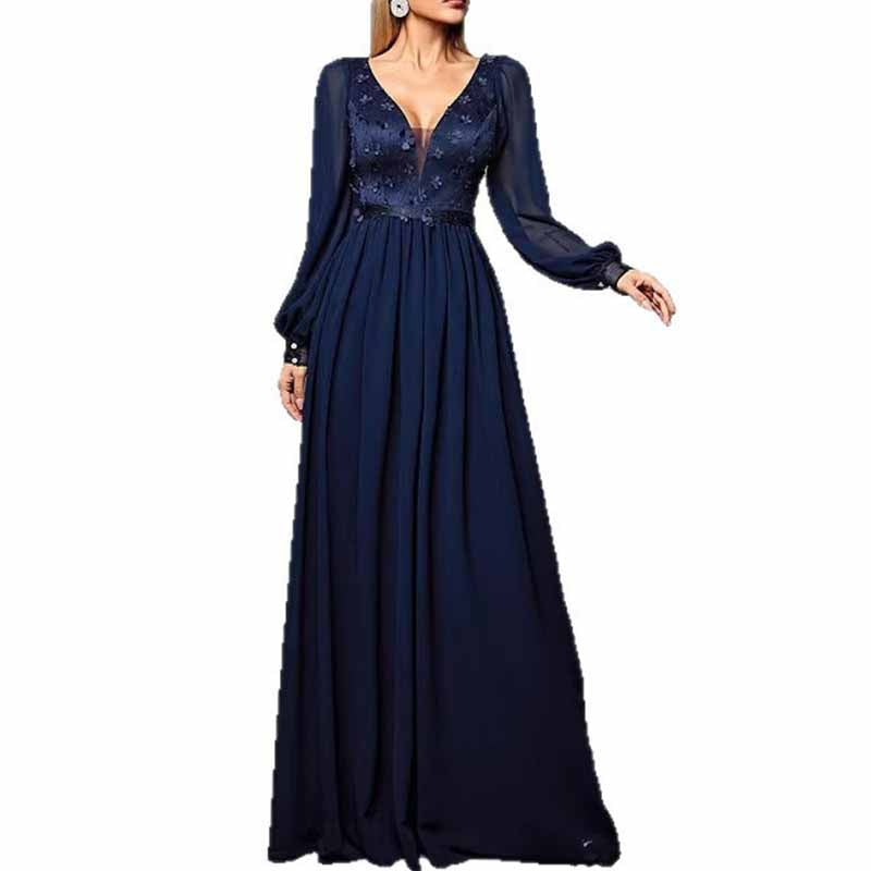 Deep Blue Puff Sleeve Long Dress – V Neck Applique Detail Evening Gown