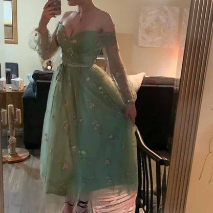 Puffy Sleeve Tulle Prom Dresses Flower Embroidery Formal Evening Party Gowns