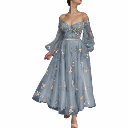 Puffy Sleeve Tulle Prom Dresses Flower Embroidery Formal Evening Party Gowns
