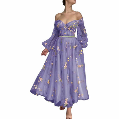 Puffy Sleeve Tulle Prom Dresses Flower Embroidery Formal Evening Party Gowns