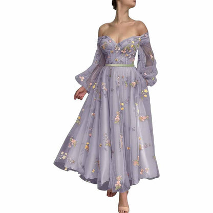 Puffy Sleeve Tulle Prom Dresses Flower Embroidery Formal Evening Party Gowns