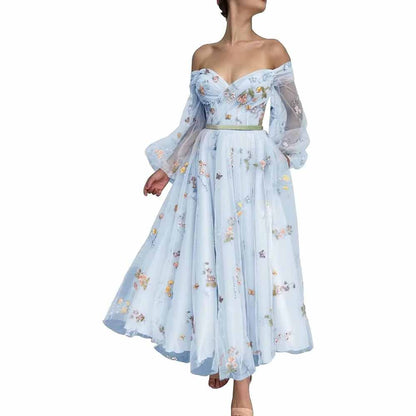 Puffy Sleeve Tulle Prom Dresses Flower Embroidery Formal Evening Party Gowns