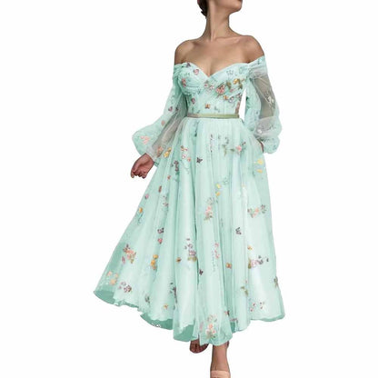 Puffy Sleeve Tulle Prom Dresses Flower Embroidery Formal Evening Party Gowns