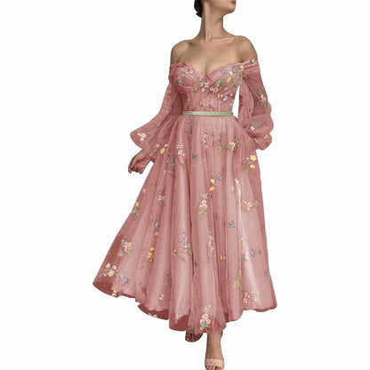 Puffy Sleeve Tulle Prom Dresses Flower Embroidery Formal Evening Party Gowns