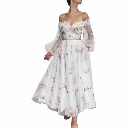 Puffy Sleeve Tulle Prom Dresses Flower Embroidery Formal Evening Party Gowns