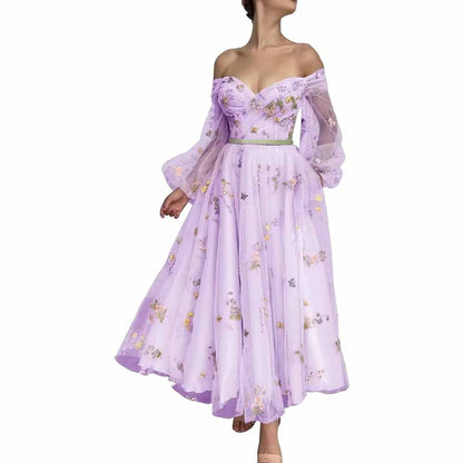 Puffy Sleeve Tulle Prom Dresses Flower Embroidery Formal Evening Party Gowns