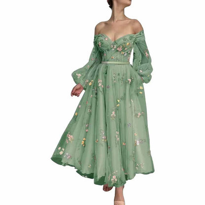 Puffy Sleeve Tulle Prom Dresses Flower Embroidery Formal Evening Party Gowns