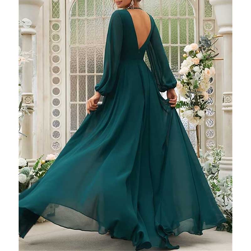 Long Sleeve V-Neck Bridesmaid Dresses Chiffon A Line Formal Dress Evening Gowns