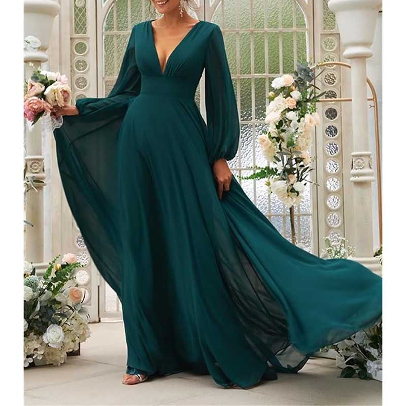 Long Sleeve V-Neck Bridesmaid Dresses Chiffon A Line Formal Dress Evening Gowns