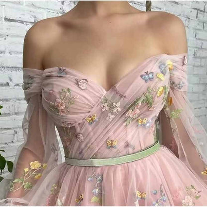 Puffy Sleeve Tulle Prom Dresses Flower Embroidery Formal Evening Party Gowns