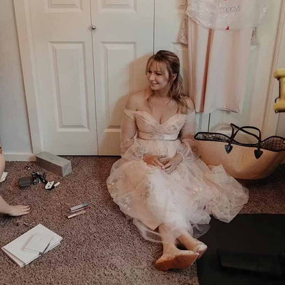 Puffy Sleeve Tulle Prom Dresses Flower Embroidery Formal Evening Party Gowns