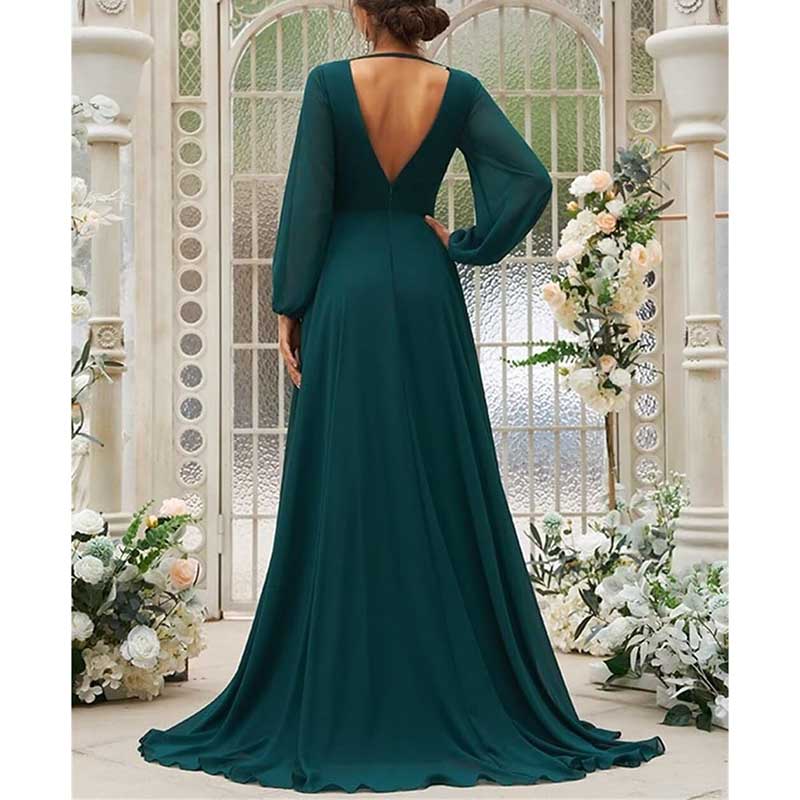 Long Sleeve V-Neck Bridesmaid Dresses Chiffon A Line Formal Dress Evening Gowns