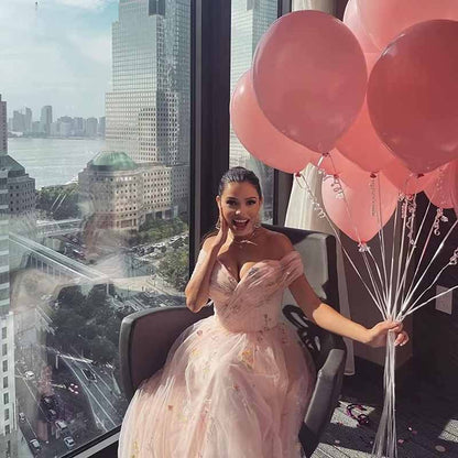 Puffy Sleeve Tulle Prom Dresses Flower Embroidery Formal Evening Party Gowns