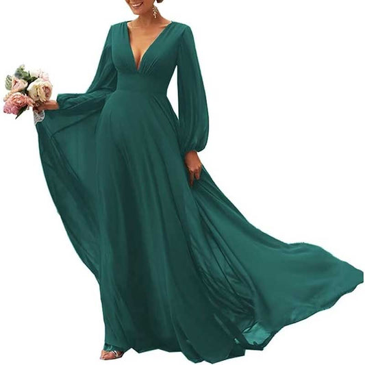 Long Sleeve V-Neck Bridesmaid Dresses Chiffon A Line Formal Dress Evening Gowns