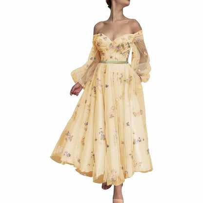 Puffy Sleeve Tulle Prom Dresses Flower Embroidery Formal Evening Party Gowns