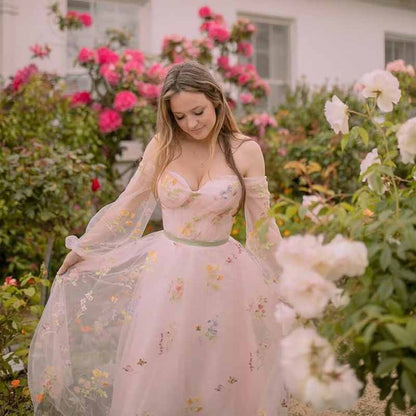 Puffy Sleeve Tulle Prom Dresses Flower Embroidery Formal Evening Party Gowns