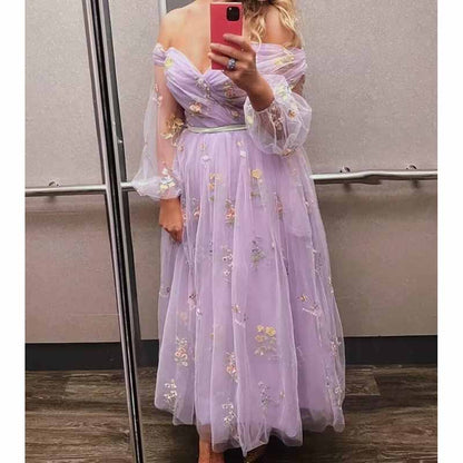 Puffy Sleeve Tulle Prom Dresses Flower Embroidery Formal Evening Party Gowns
