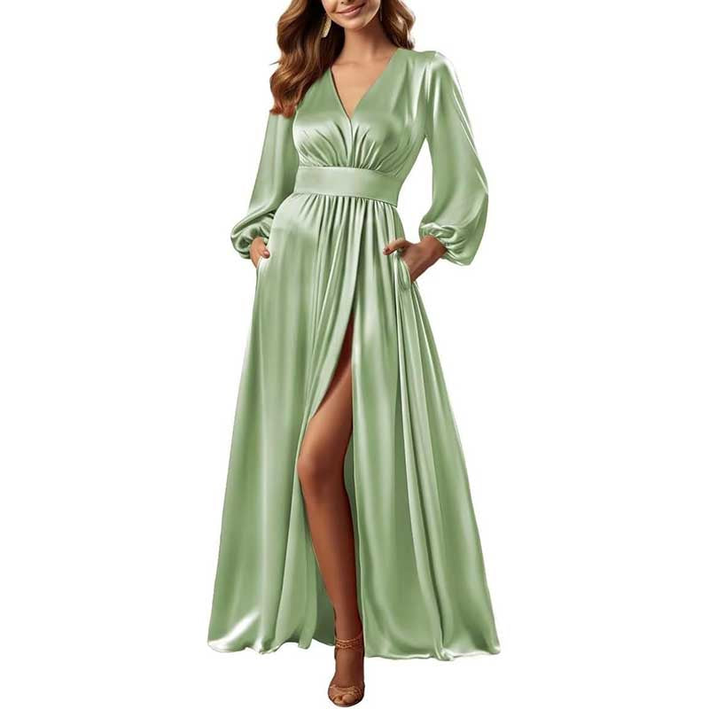 Long Sleeve Satin Bridesmaid Dresses Slit Pockets V Neck A-Line Prom Dress