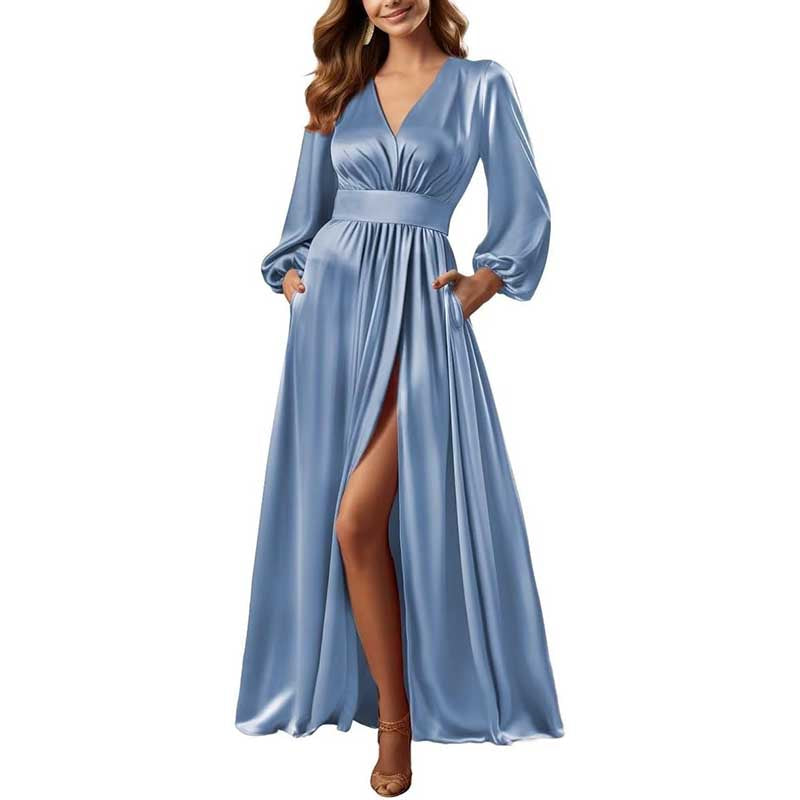 Long Sleeve Satin Bridesmaid Dresses Slit Pockets V Neck A-Line Prom Dress