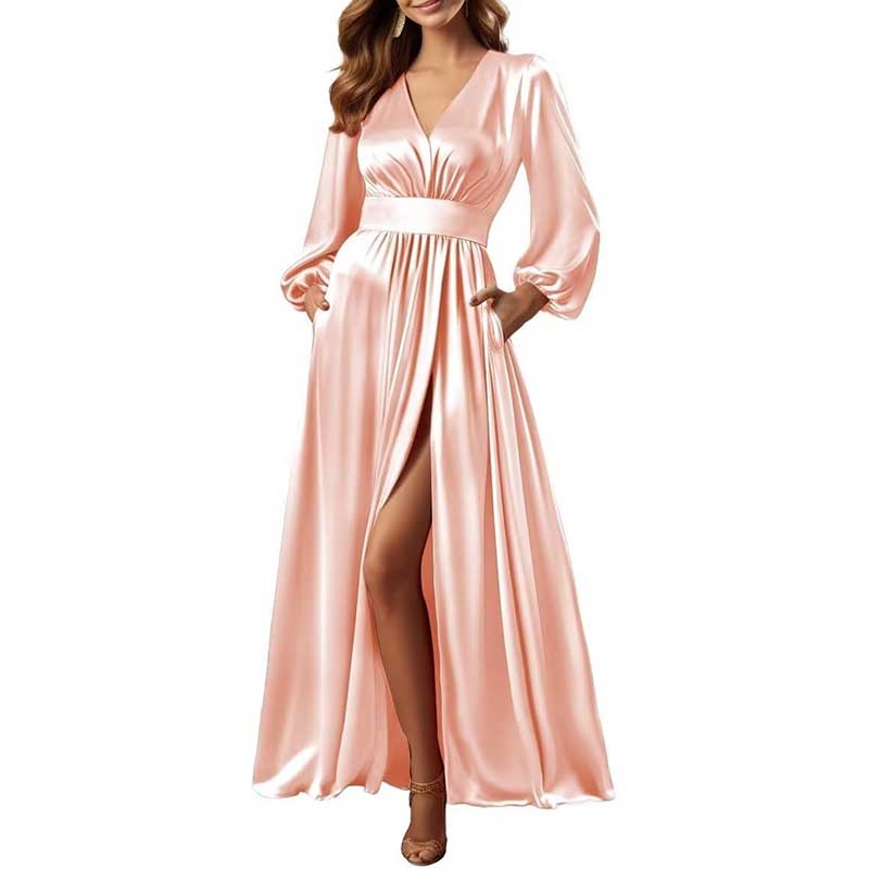 Long Sleeve Satin Bridesmaid Dresses Slit Pockets V Neck A-Line Prom Dress