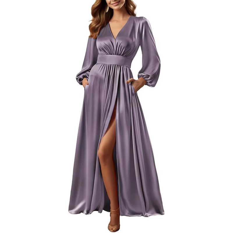 Long Sleeve Satin Bridesmaid Dresses Slit Pockets V Neck A-Line Prom D  SD  Dresscode & Fashiontrends