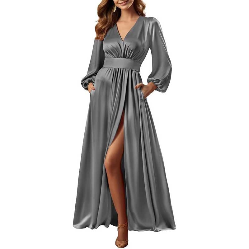 Long Sleeve Satin Bridesmaid Dresses Slit Pockets V Neck A-Line Prom Dress