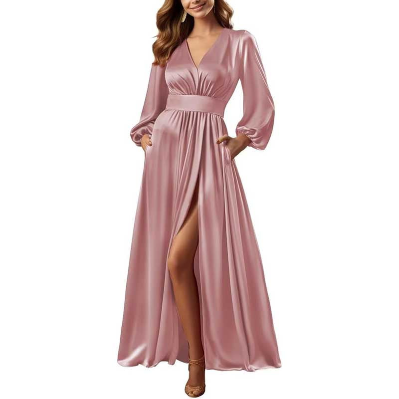 Long Sleeve Satin Bridesmaid Dresses Slit Pockets V Neck A-Line Prom Dress