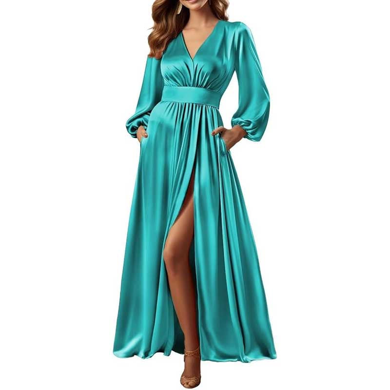 Long Sleeve Satin Bridesmaid Dresses Slit Pockets V Neck A-Line Prom Dress