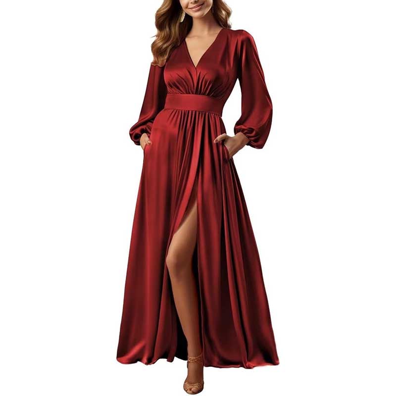 Long Sleeve Satin Bridesmaid Dresses Slit Pockets V Neck A-Line Prom Dress