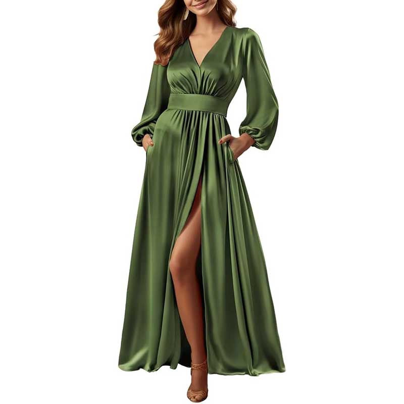 long sleeve prom dress with pockets Long Sleeve Satin Bridesmaid Dresses Slit Pockets V Neck A-Line Prom D – SD  Dresscode & Fashiontrends