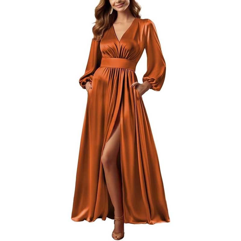 Long Sleeve Satin Bridesmaid Dresses Slit Pockets V Neck A-Line Prom Dress