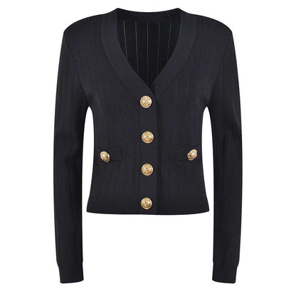 Women Knit Cardigan V-Neckline Cropped Top Long Sleeve Knitted Slim Coat