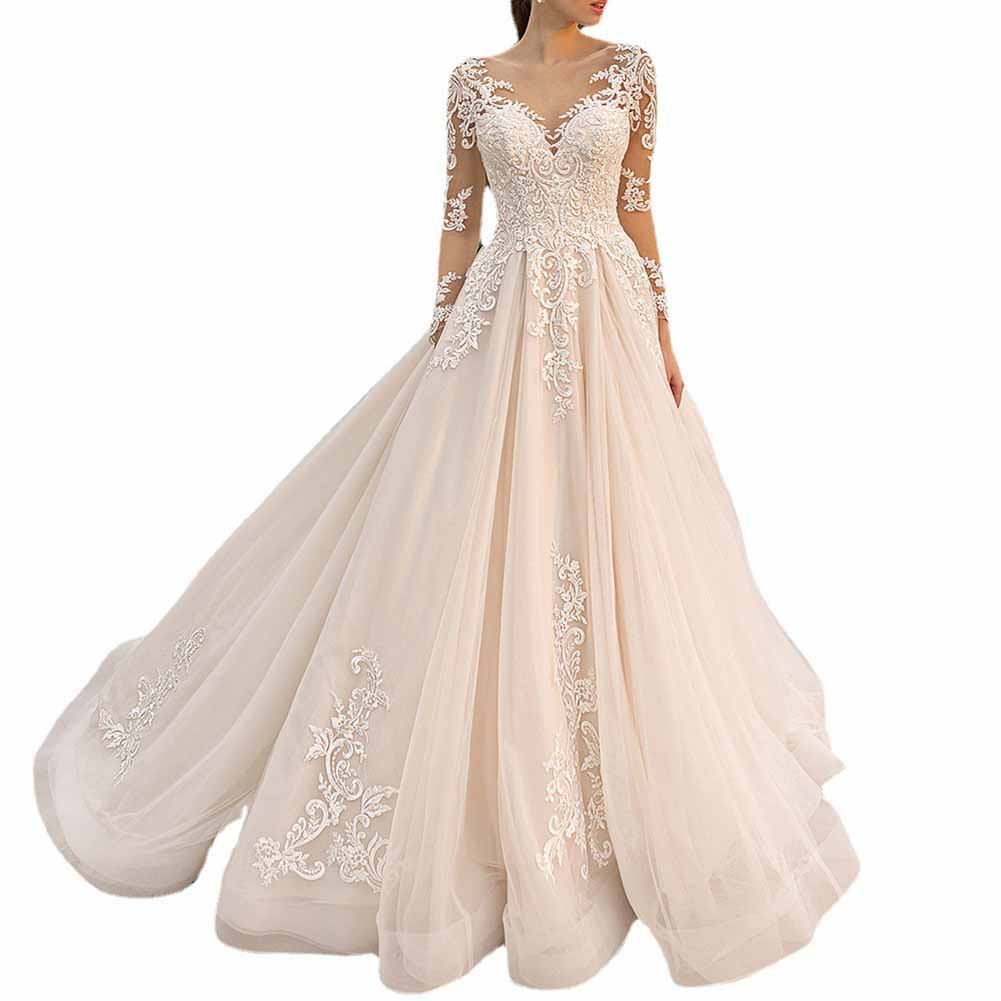 A-line Princess Scoop Neck Long Sleeves Court Train Tulle Wedding Dress With Appliqued