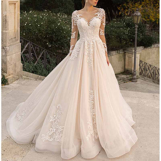 A-line Princess Scoop Neck Long Sleeves Court Train Tulle Wedding Dress With Appliqued