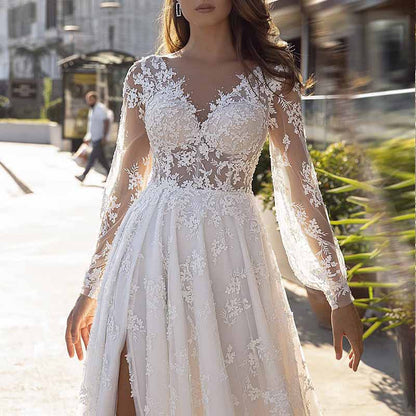 Appliqued Lace A-line Princess V-Neck Long Sleeve Sweep Train Tulle Wedding Dress