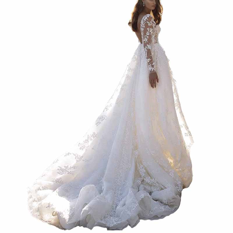 Appliqued Lace A-line Princess V-Neck Long Sleeve Sweep Train Tulle Wedding Dress