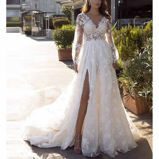 Appliqued Lace A-line Princess V-Neck Long Sleeve Sweep Train Tulle Wedding Dress