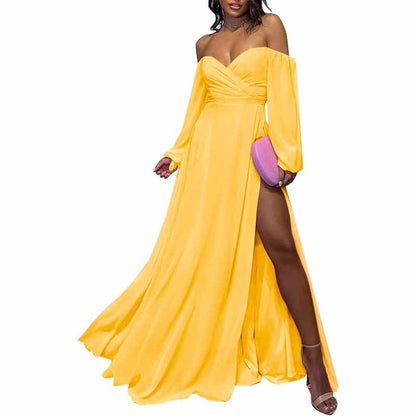 Long Sleeve Bridesmaid Dresses Chiffon Sweetheart Off The Shoulder Formal Evening Dresses with Slit