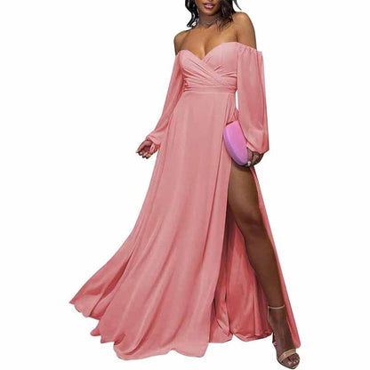 Long Sleeve Bridesmaid Dresses Chiffon Sweetheart Off The Shoulder Formal Evening Dresses with Slit