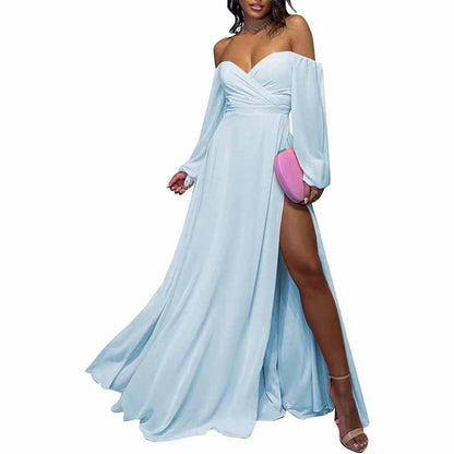 Long Sleeve Bridesmaid Dresses Chiffon Sweetheart Off The Shoulder Formal Evening Dresses with Slit