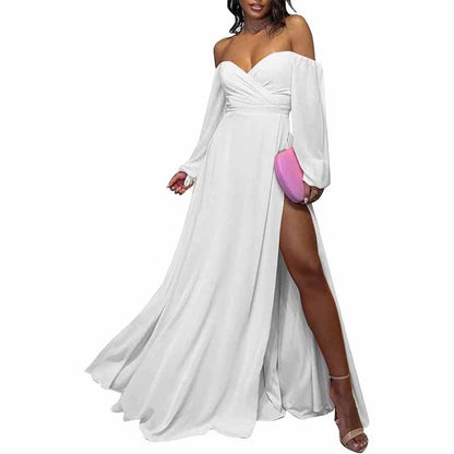 Long Sleeve Bridesmaid Dresses Chiffon Sweetheart Off The Shoulder Formal Evening Dresses with Slit