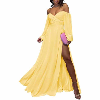 Long Sleeve Bridesmaid Dresses Chiffon Sweetheart Off The Shoulder Formal Evening Dresses with Slit