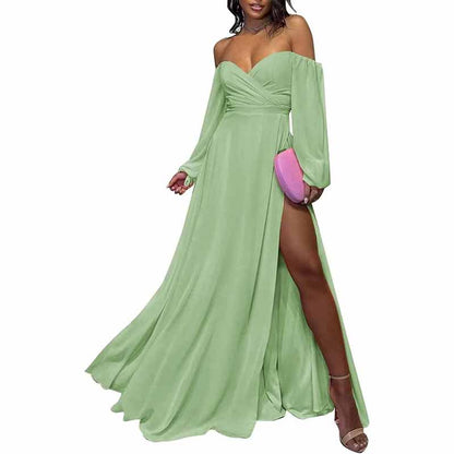 Long Sleeve Bridesmaid Dresses Chiffon Sweetheart Off The Shoulder Formal Evening Dresses with Slit