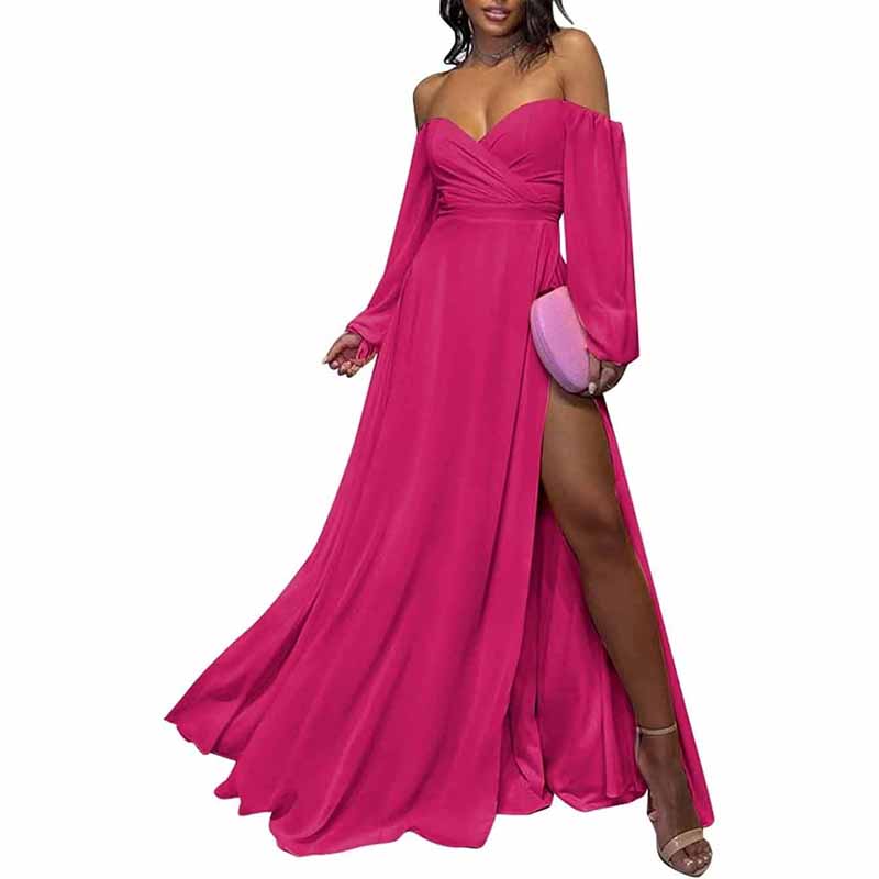 Long Sleeve Bridesmaid Dresses Chiffon Sweetheart Off The Shoulder Formal Evening Dresses with Slit