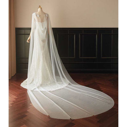 Tulle Long Wedding Cloak Lace Shoulder Dridal Cape