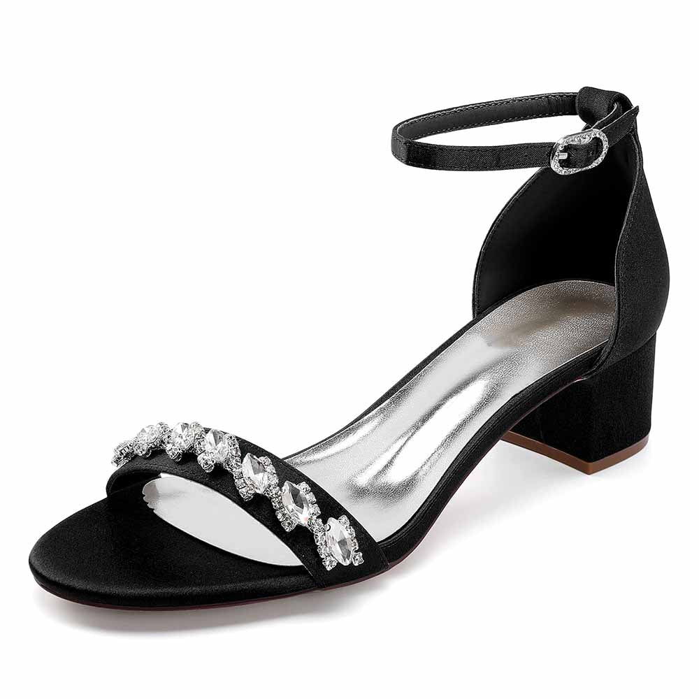 Elegant black low block heel dress sandals for wedding with rhinestone embellishment and adjustable ankle strap