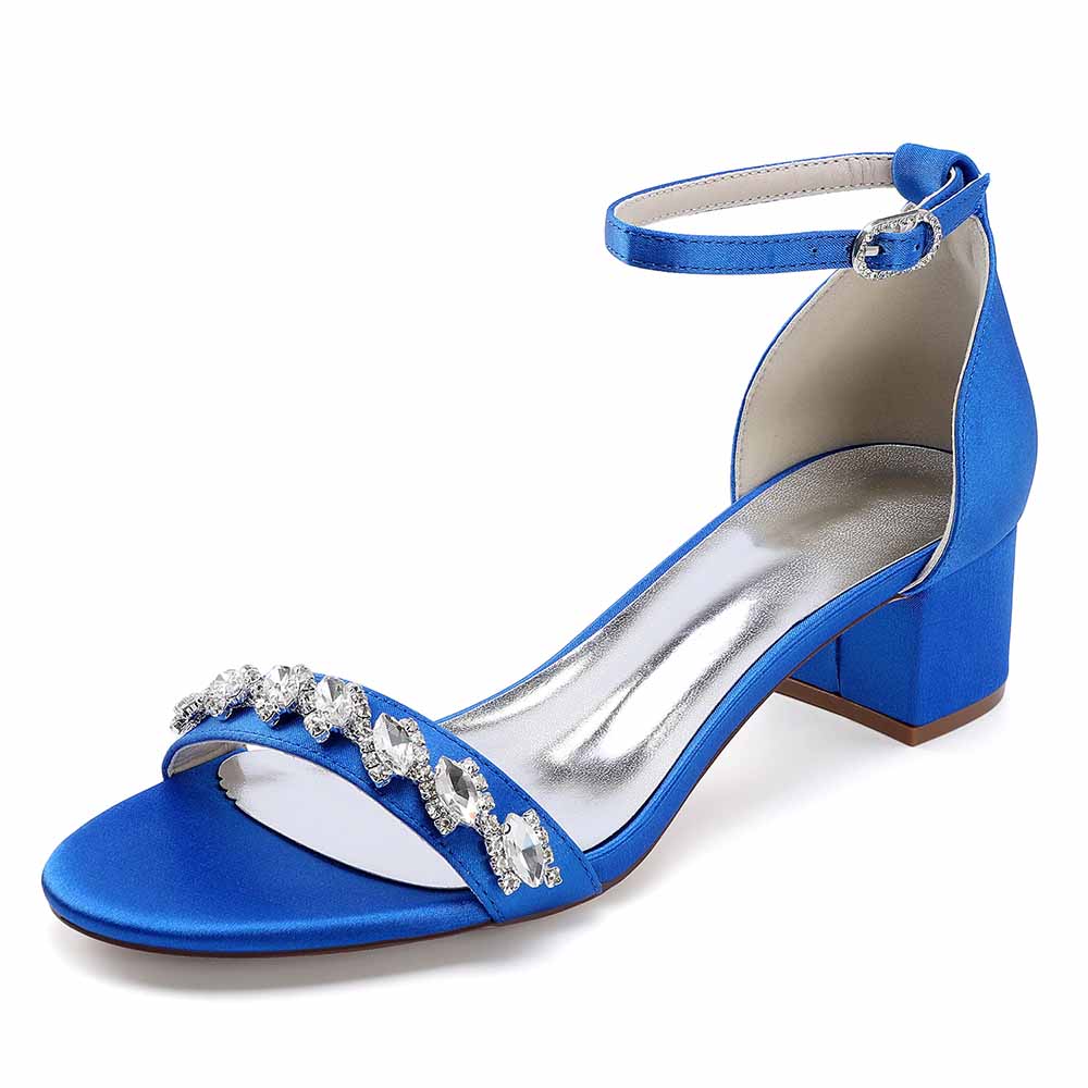 Elegant blue low block heel dress sandals for wedding with sparkling rhinestone embellishments