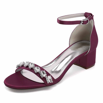 Burgundy low block heel dress sandals for wedding with jeweled ankle strap for elegant style
